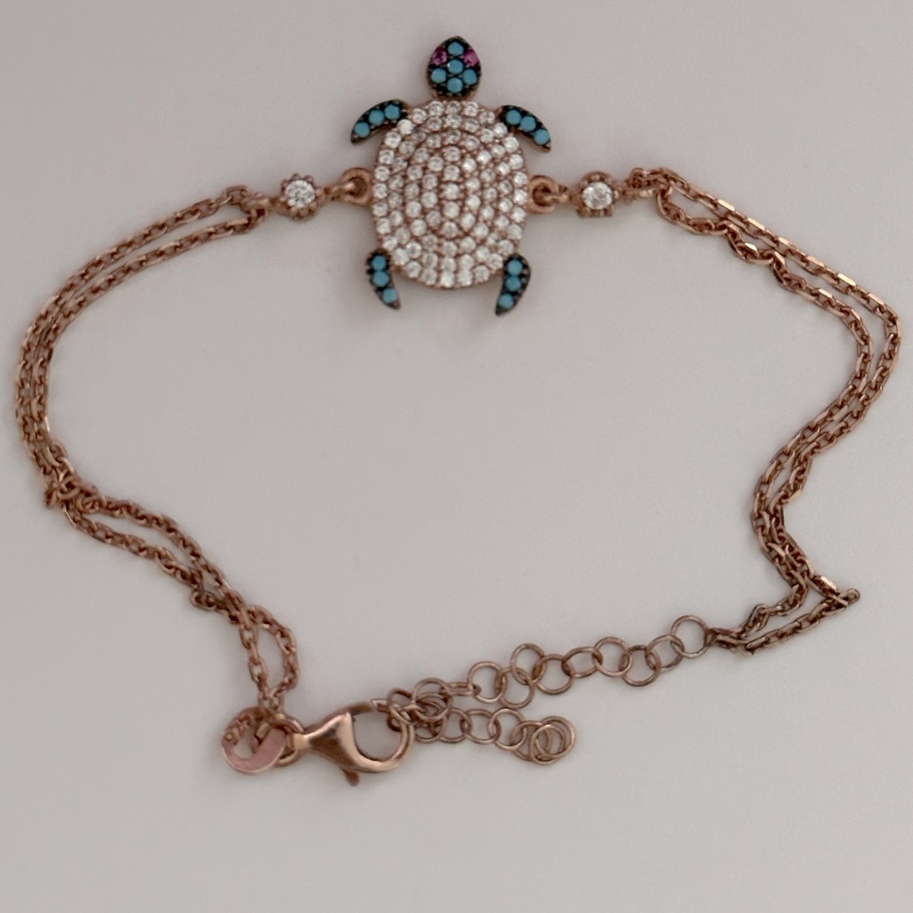 925 Silver Turtle Bracelet Cz Stones 14k Rose Gold Plated